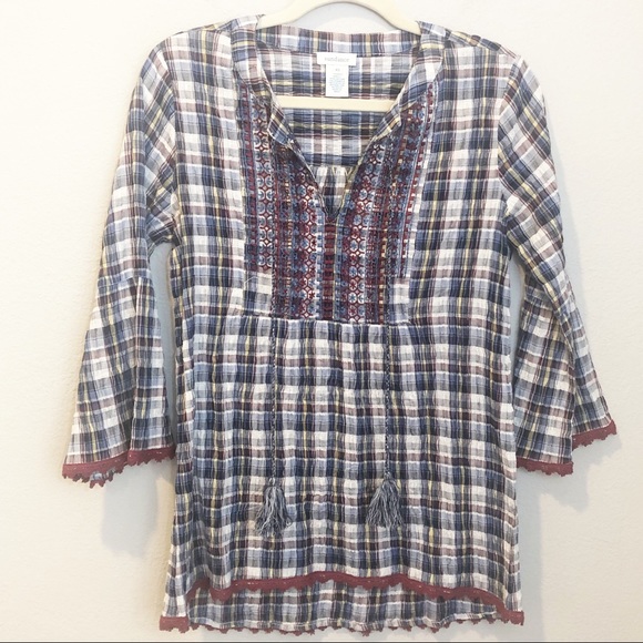 Sundance Tops - Sundance Embroidered Plaid Boho Top